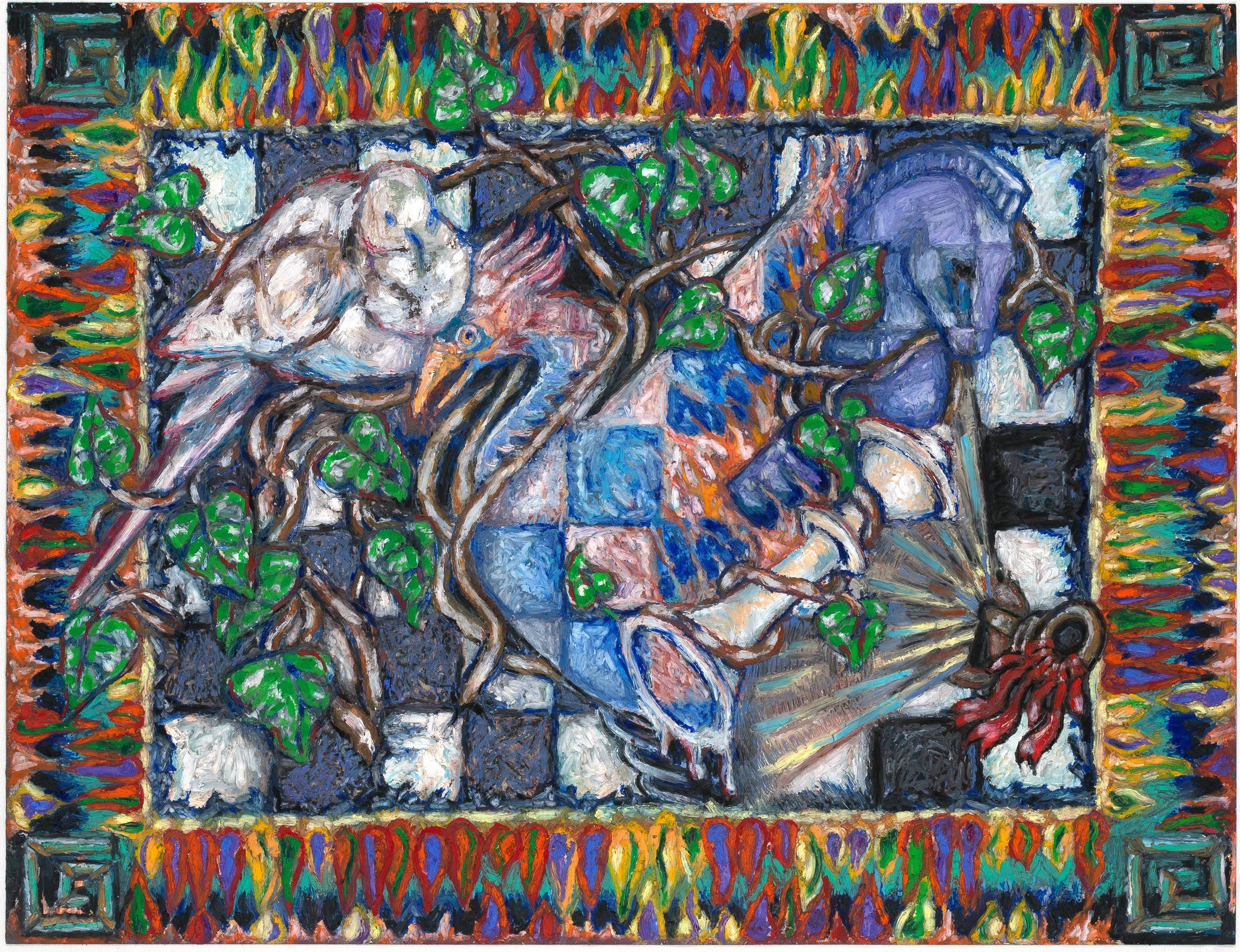 TORCHED H34R7S by coin_artist. Birds above a chessboard with a ribboned key and a border of coloured flames.