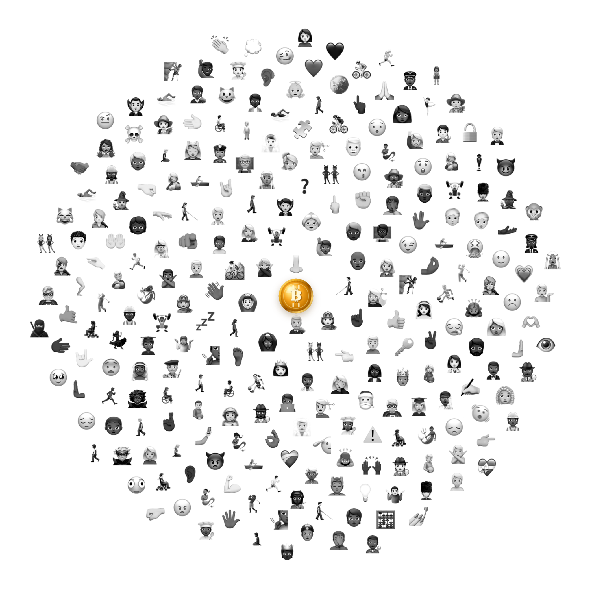 The Phy Challenge picture: grey emojis spiralling around a gold Bitcoin coin
